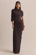 Lunaline | Brown High-Neck Maxi Dress With Asymmetric Cape And Draped-Detailing