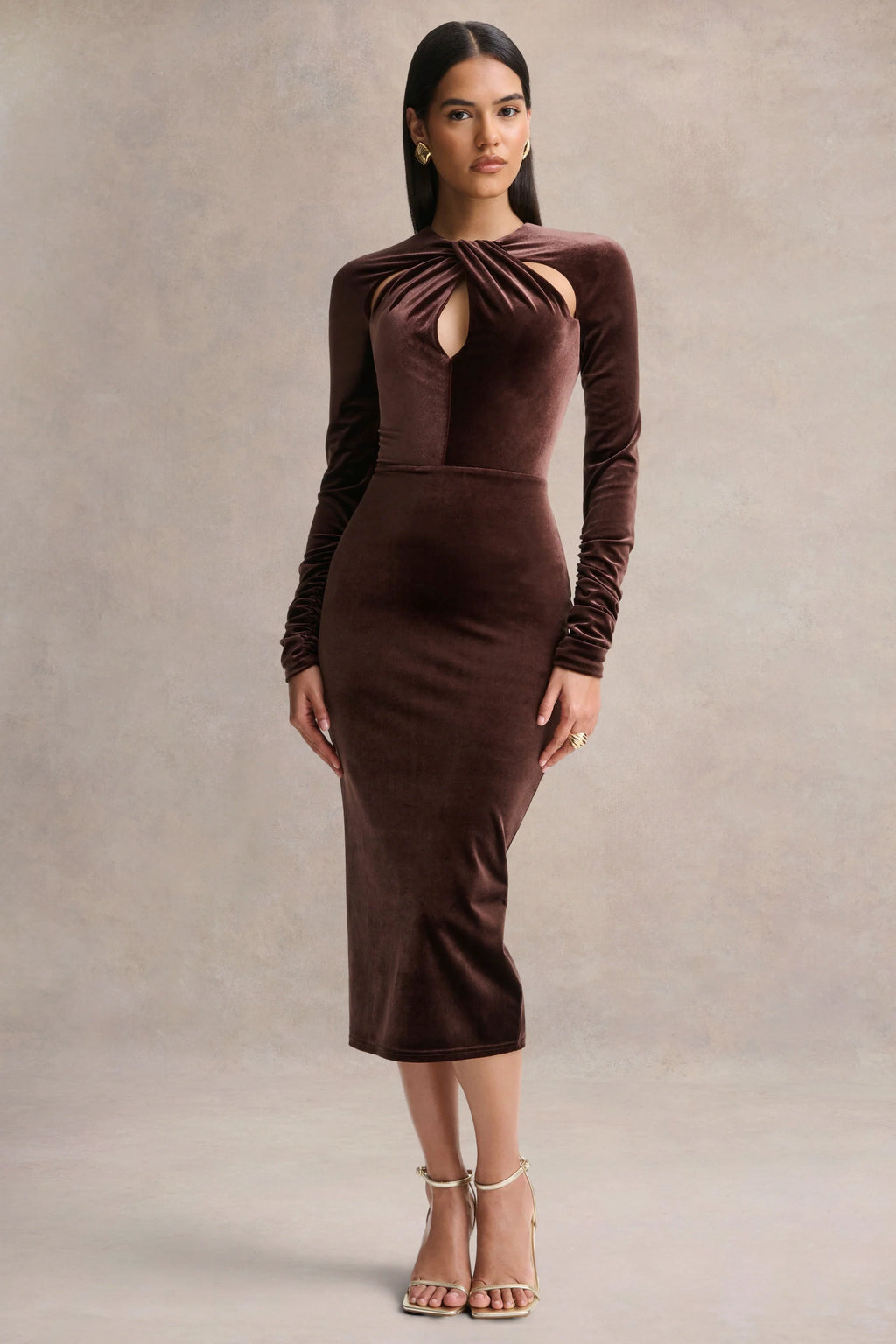 Francine | Brown Velvet Round-Neck Midi Dress With Cut-Out Details