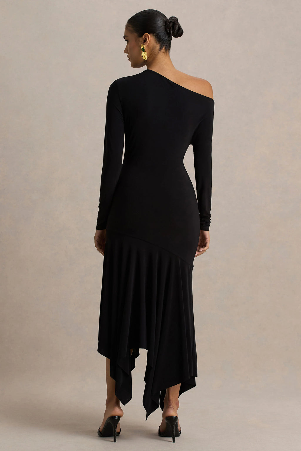 Isola | Black Asymmetric-Neck Midi Dress With Hanky-Hem