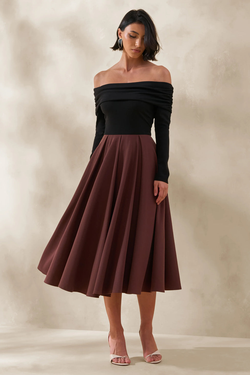 Frederica | Black And Brown Bardot-Neck Midi Dress