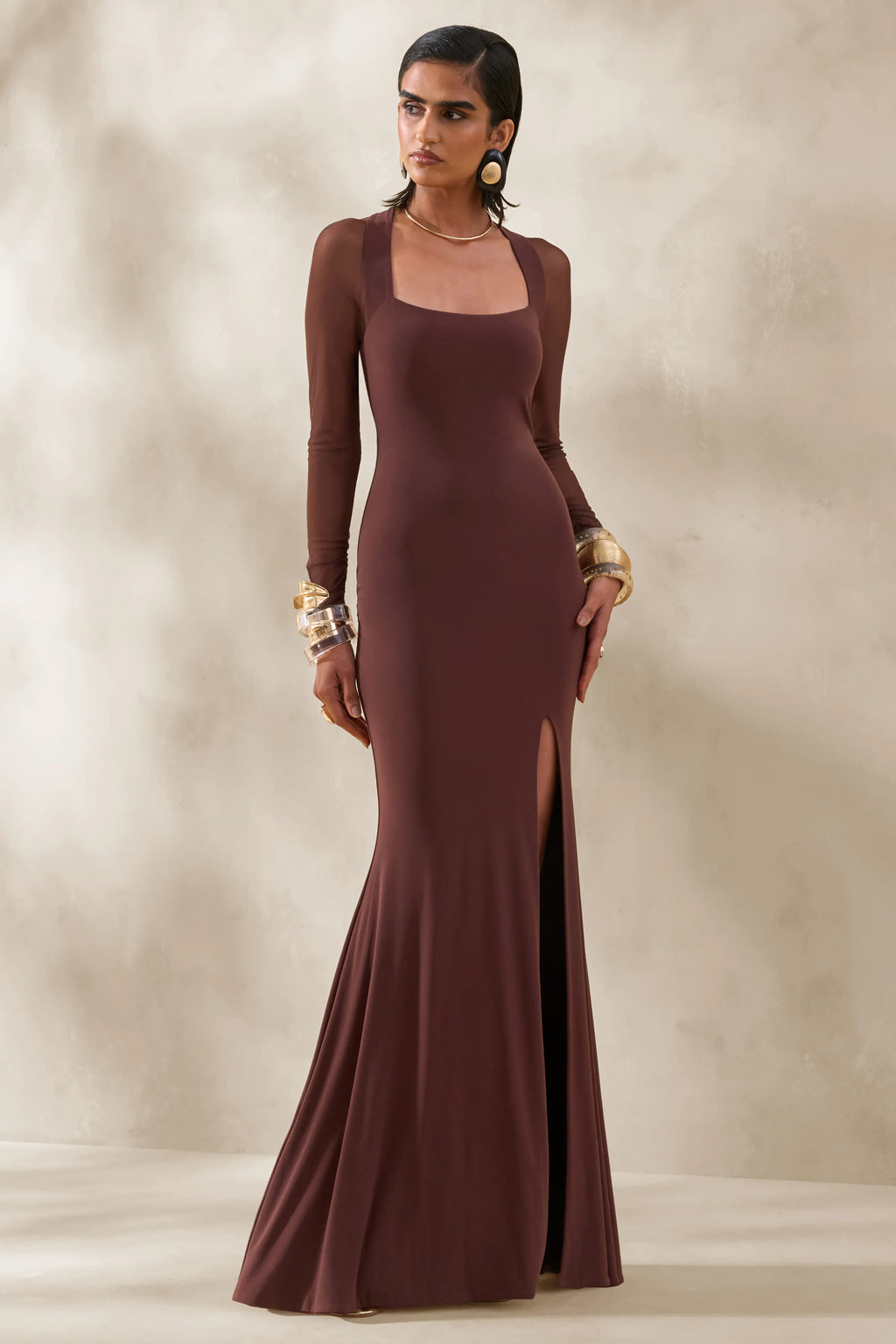 Renalia | Brown Square-Neck Maxi Dress With Mesh Long-Sleeves