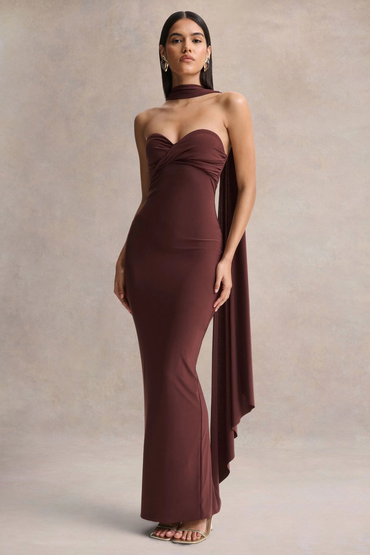 Sheila | Dark Brown Bandeau Maxi Dress With Scarf Detail