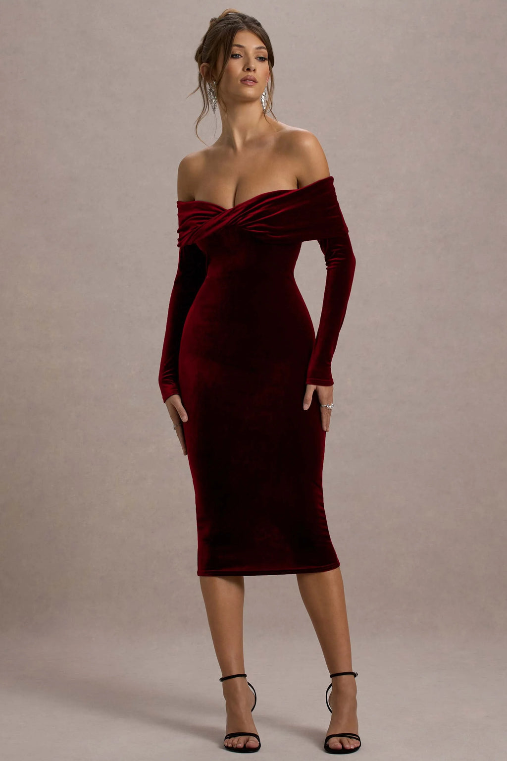 Compliment | Berry Velvet Bardot Midi Dress