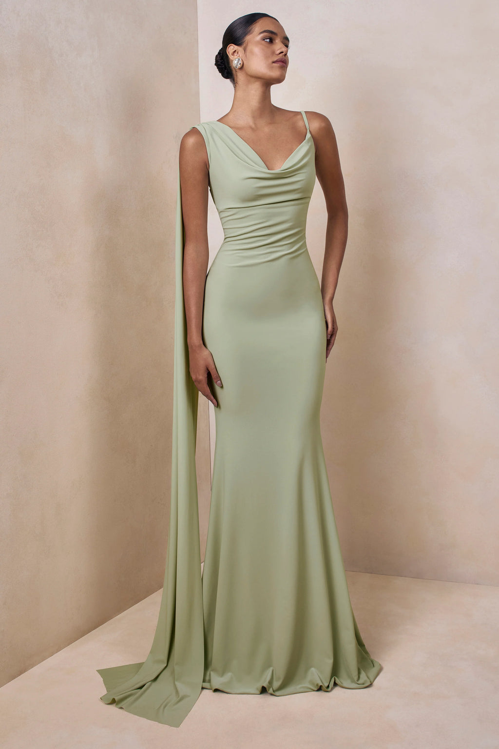 Kenza | Mint Asymmetric-Neck Maxi Dress With Scarf-Detail