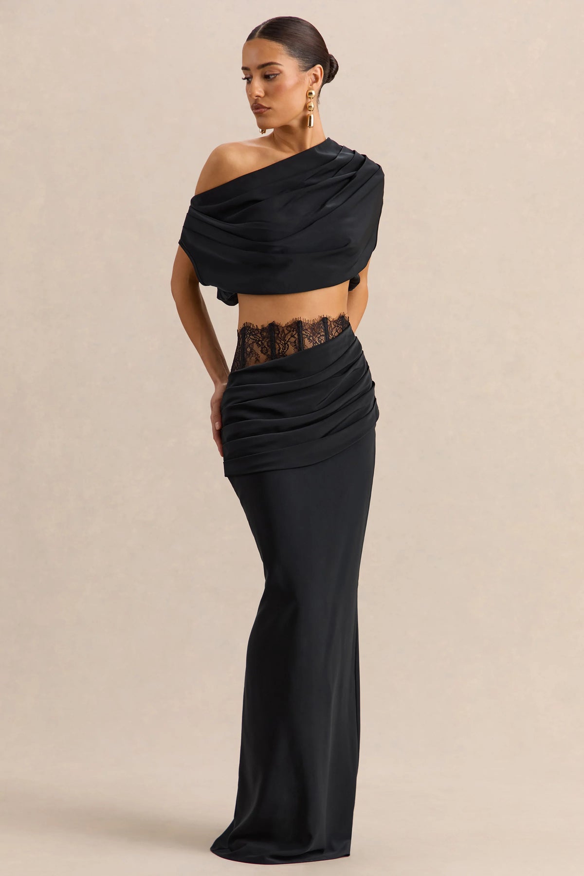 Yaselle | Black Satin Asymmetric-Neck Crop-Top