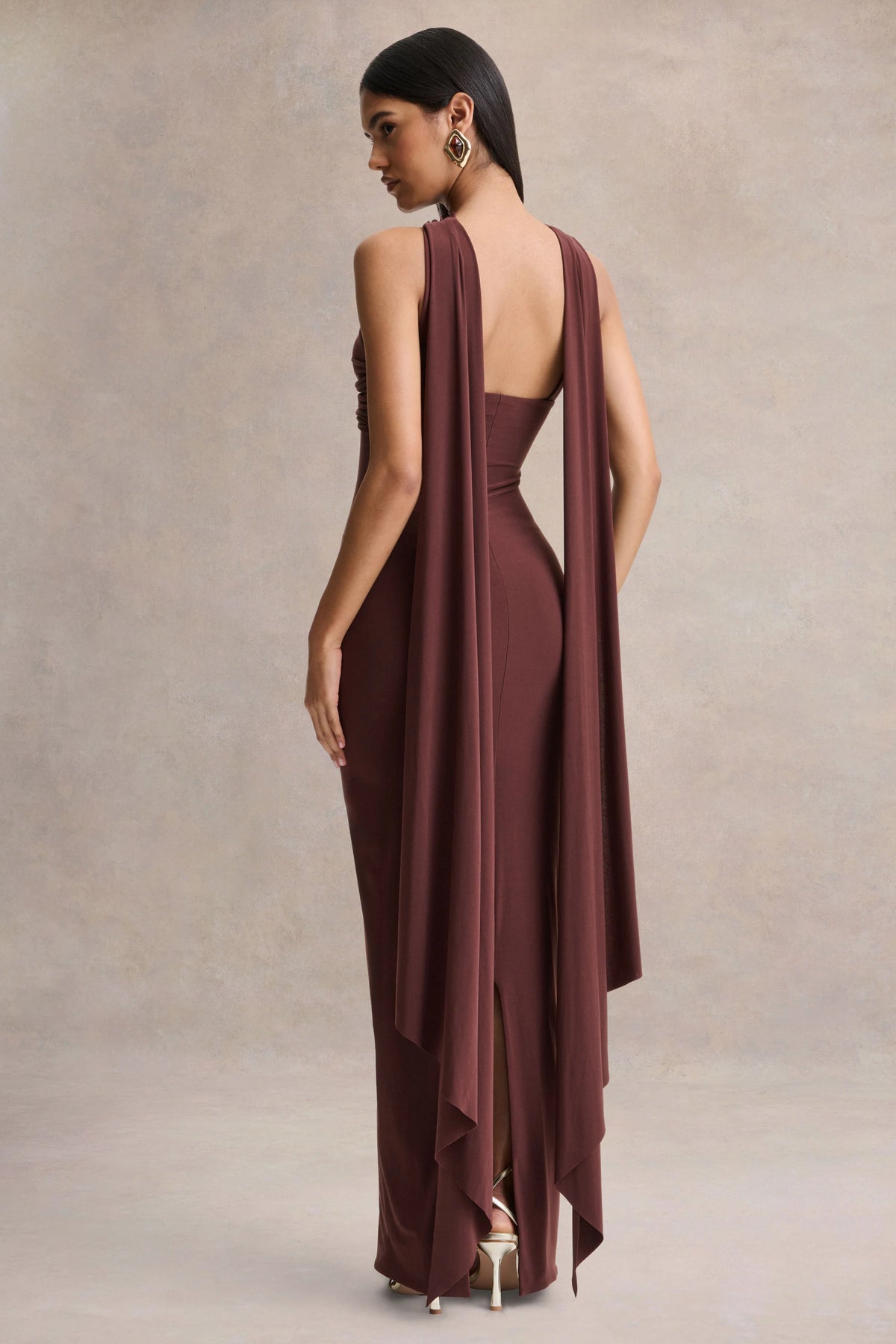 Sheila | Dark Brown Bandeau Maxi Dress With Scarf Detail