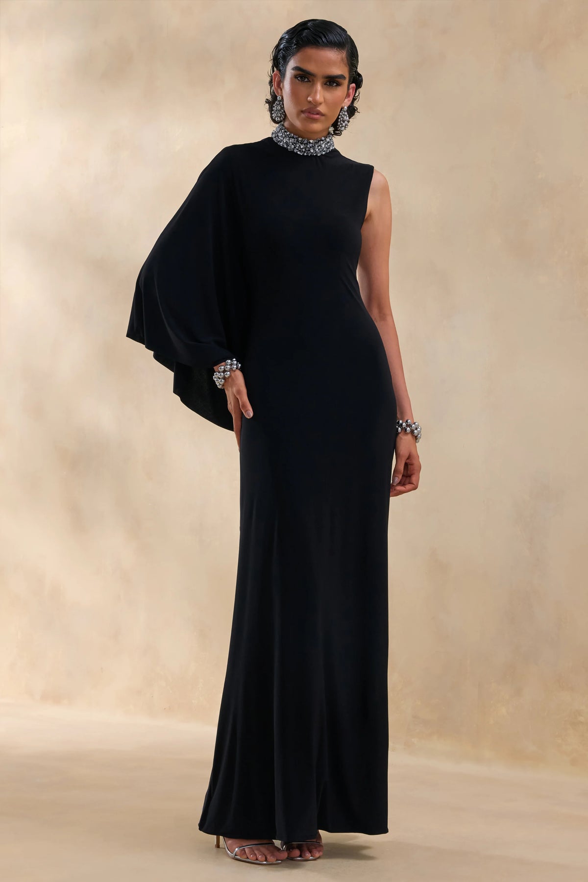 Oriana | Black Embellished High-Neck Maxi Dress With One-Cape Sleeve