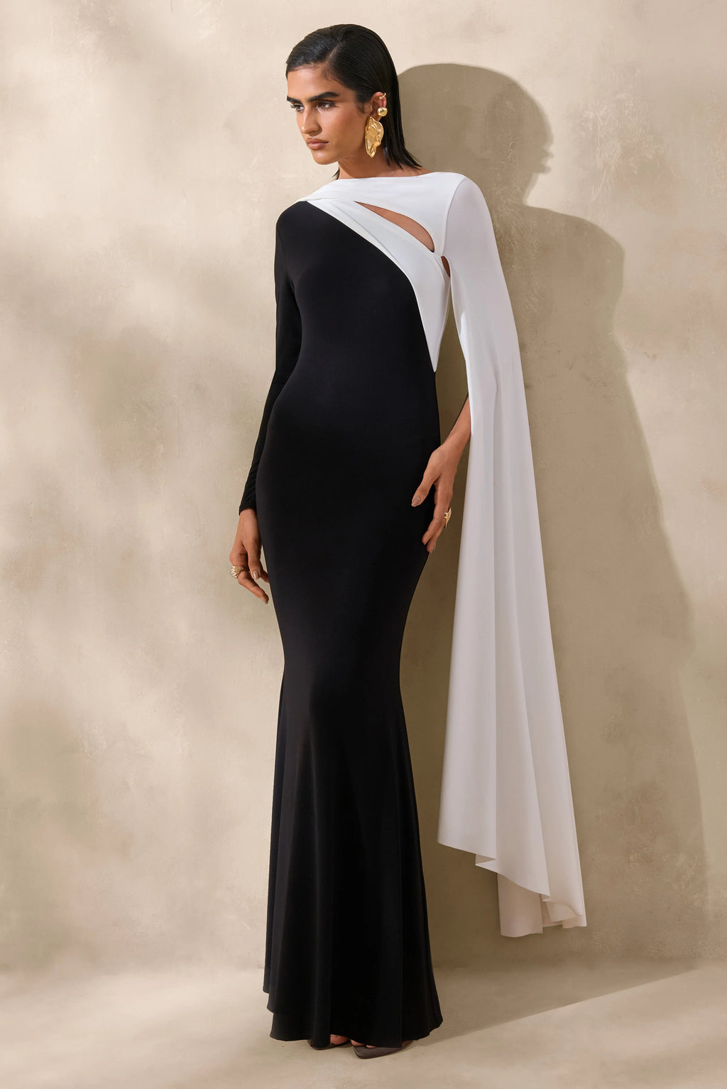 Dabria | Black And White Asymmetric-Neck Maxi Dress With Cape-Sleeve