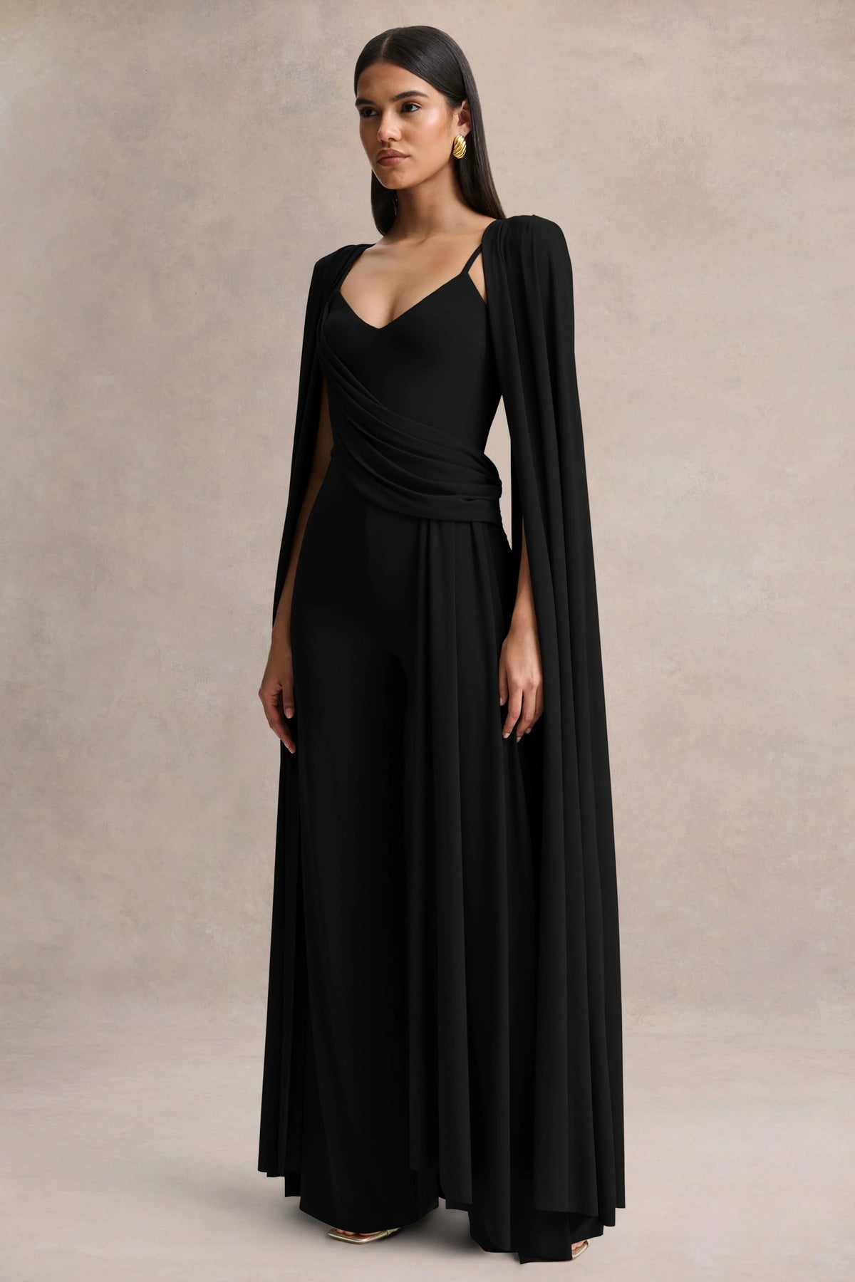 Labina | Black Plunge-Neck Jumpsuit With Cape-Sleeves
