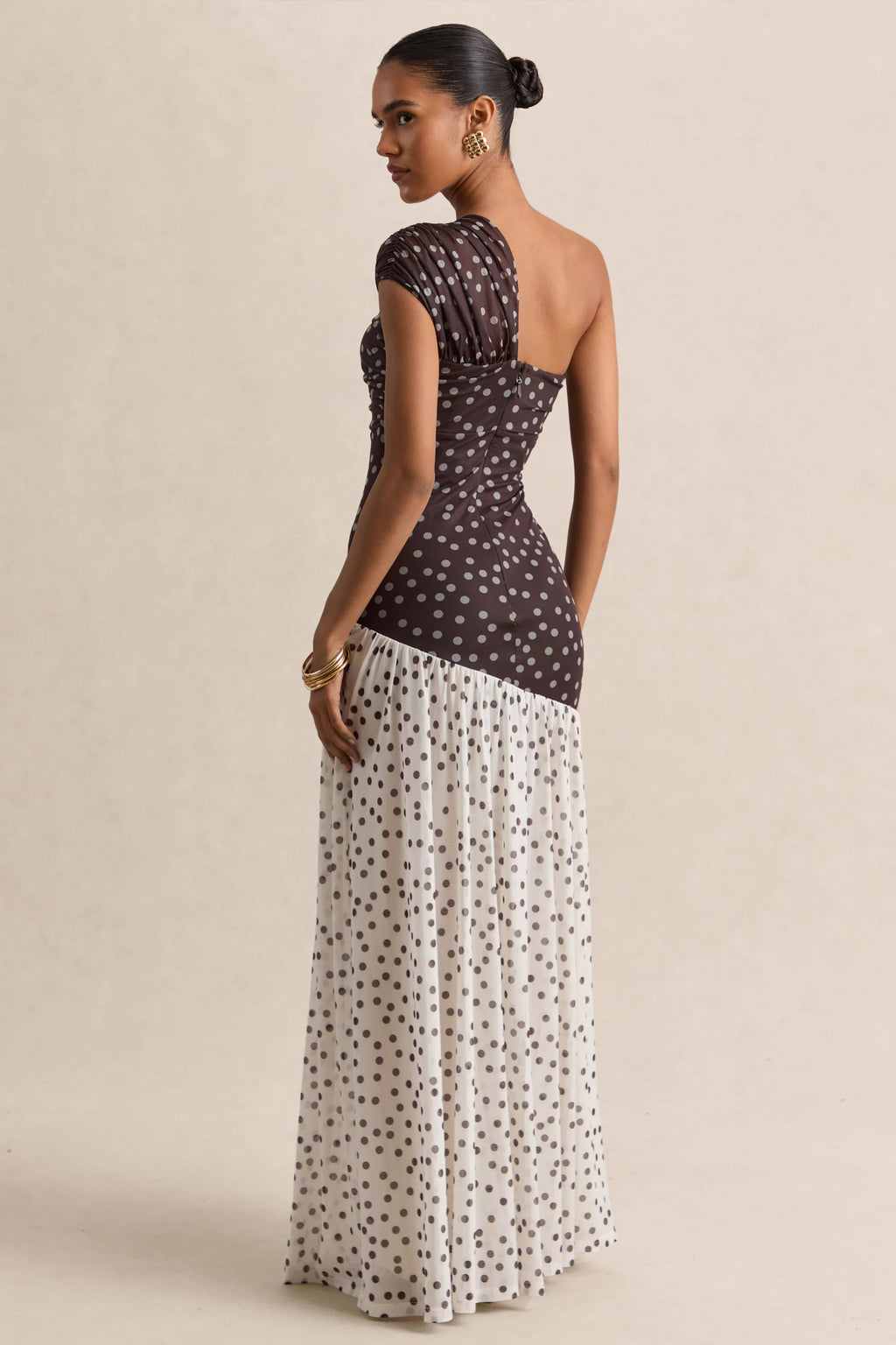 Motira | Brown Polka-Dot Asymmetric-Neck Maxi Dress With Asymmetric Drop-Waist