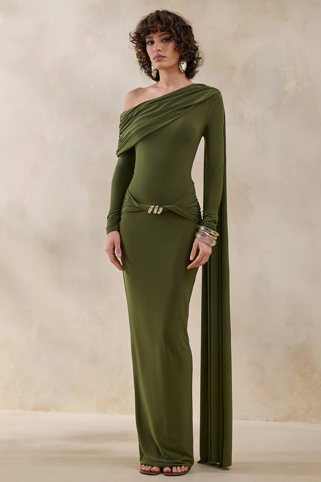 Bessy | Green Asymmetric-Neck Maxi Dress With Gathered-Detailing And Sash