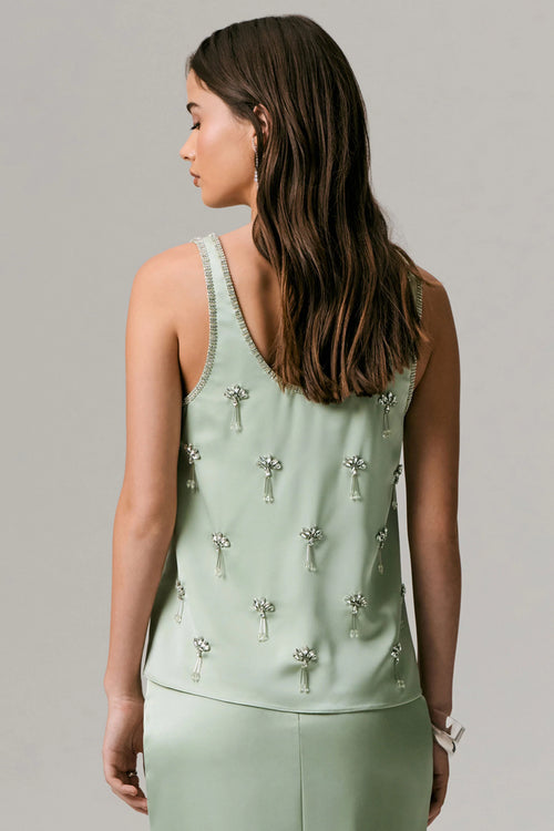Arianna | Mint Satin Scoop-Neck Embellished Top