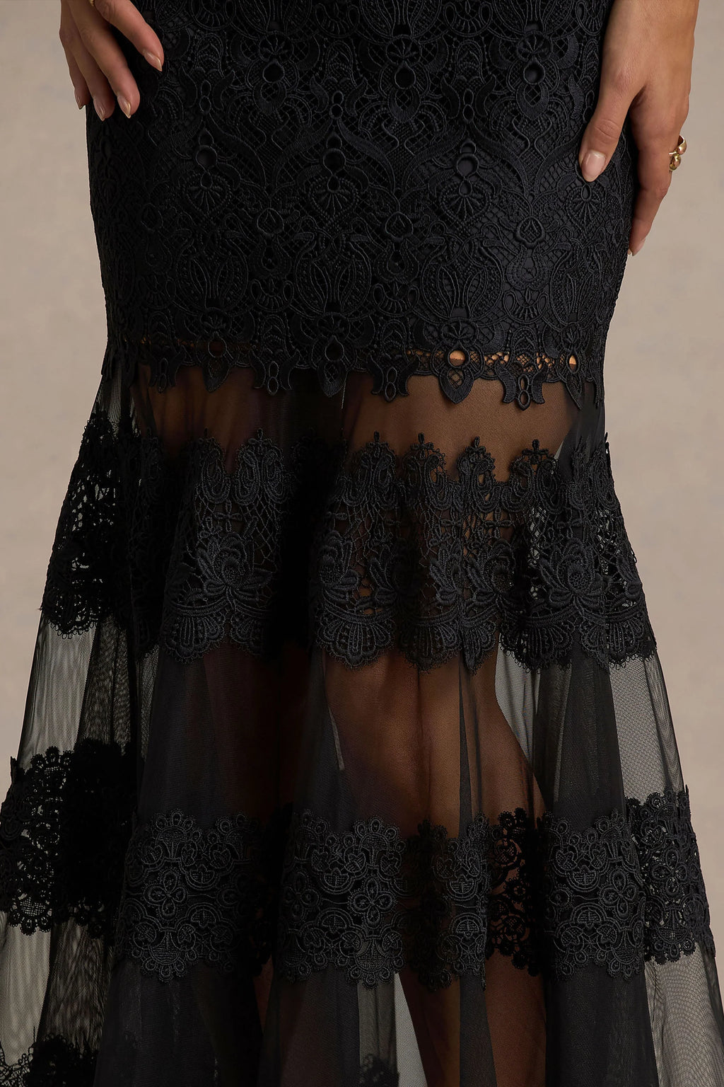 Leanne | Black Mesh And Lace Crew-Neck Fishtail Midi Dress
