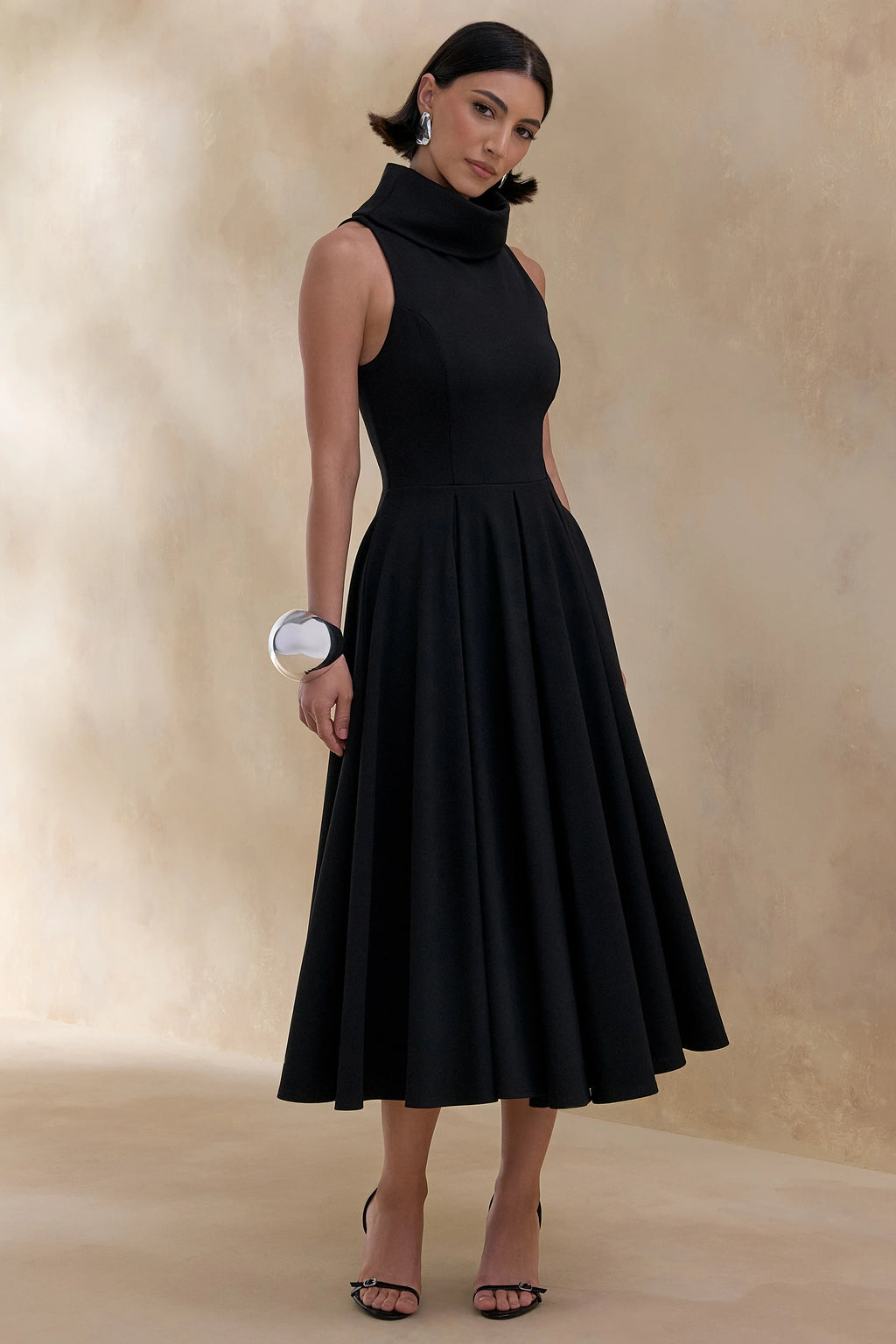 Exclusivity | Black High-Neck Midi Dress