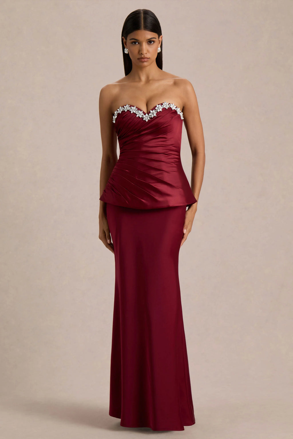 Milia | Burgundy Satin Hand-Embellished Strapless Corset Maxi Dress