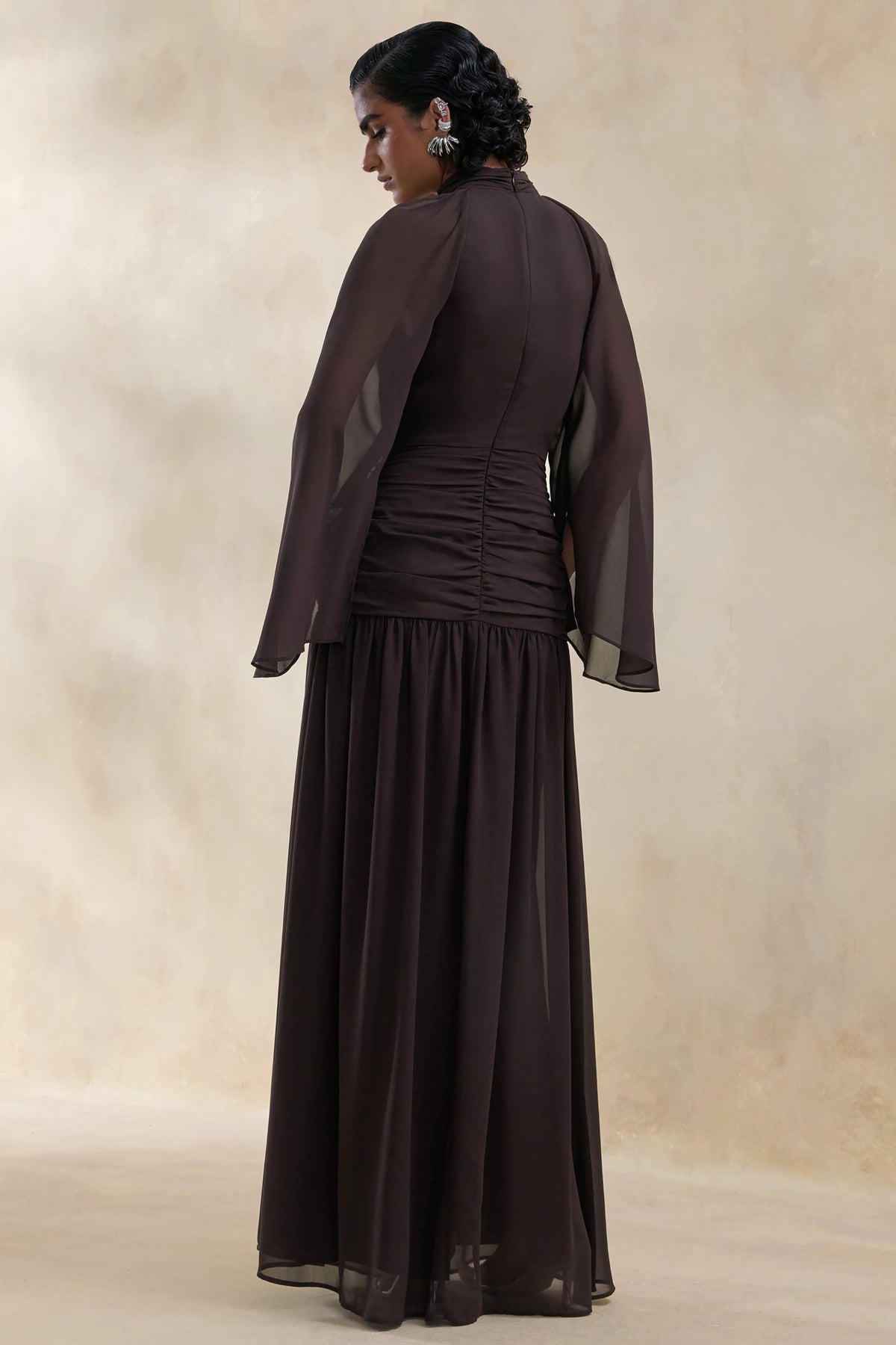 Narella | Brown Chiffon High-Neck Maxi Dress With Draped-Detailing