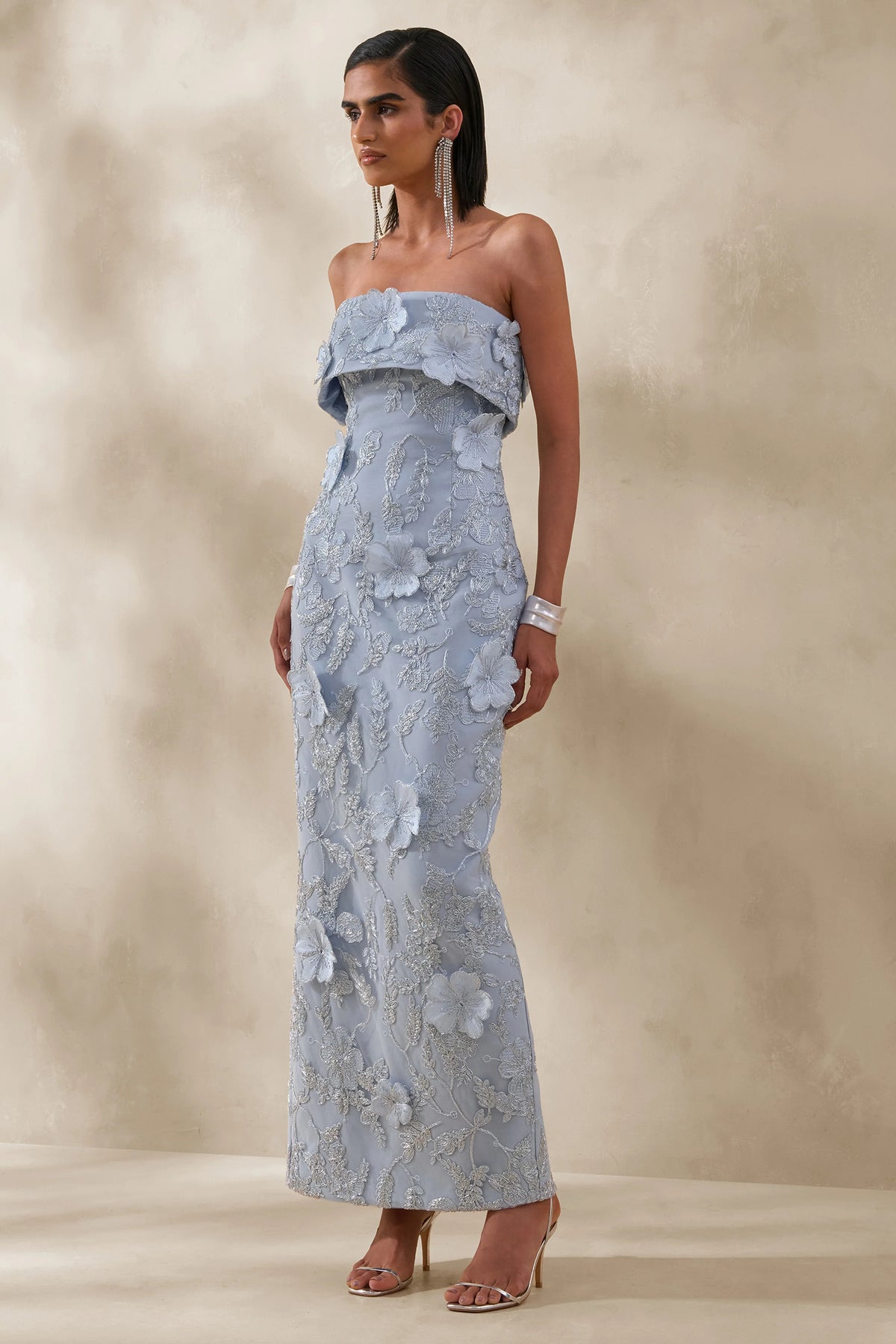 Misha | Light Blue 3D Floral Bandeau Maxi Dress