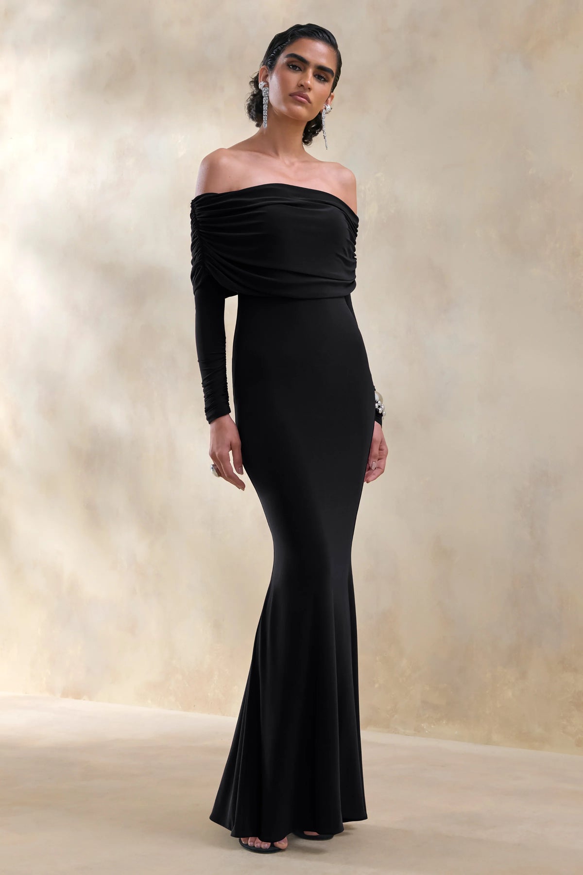 Brisea | Black Bardot-Neck Maxi Dress