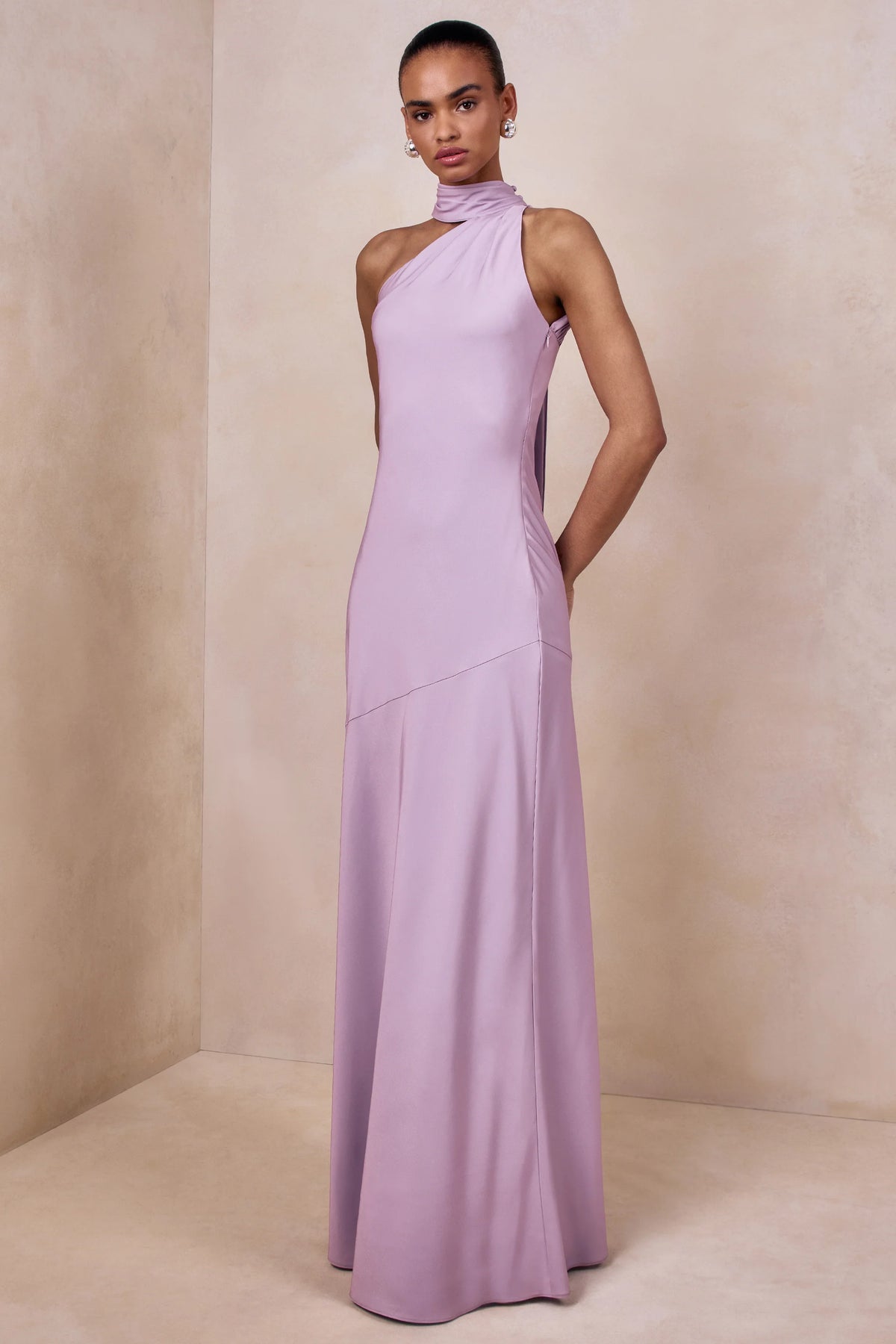 Cara | Lilac Matte Satin High-Neck Maxi Dress