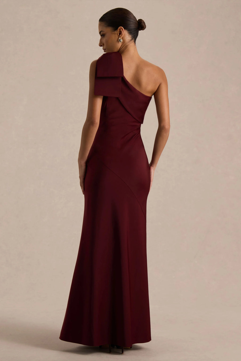 Josephine | Burgundy Matte Satin Asymmetric-Neck Maxi Dress With Bow Detail