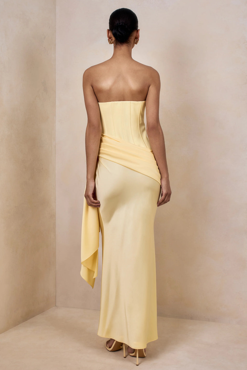 Nalira | Lemon Satin Bandeau Maxi Dress With Draped Skirt