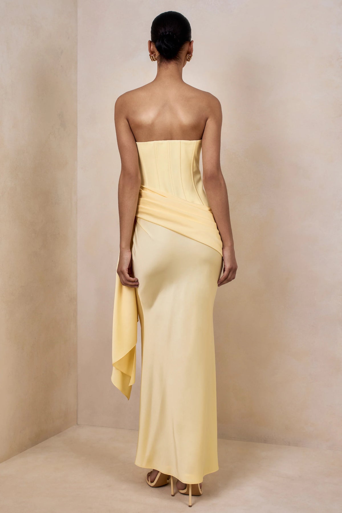 Nalira | Lemon Satin Bandeau Maxi Dress With Draped Skirt