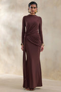 Kyrissa | Brown High-Neck Maxi Dress With Gathered-Detailing