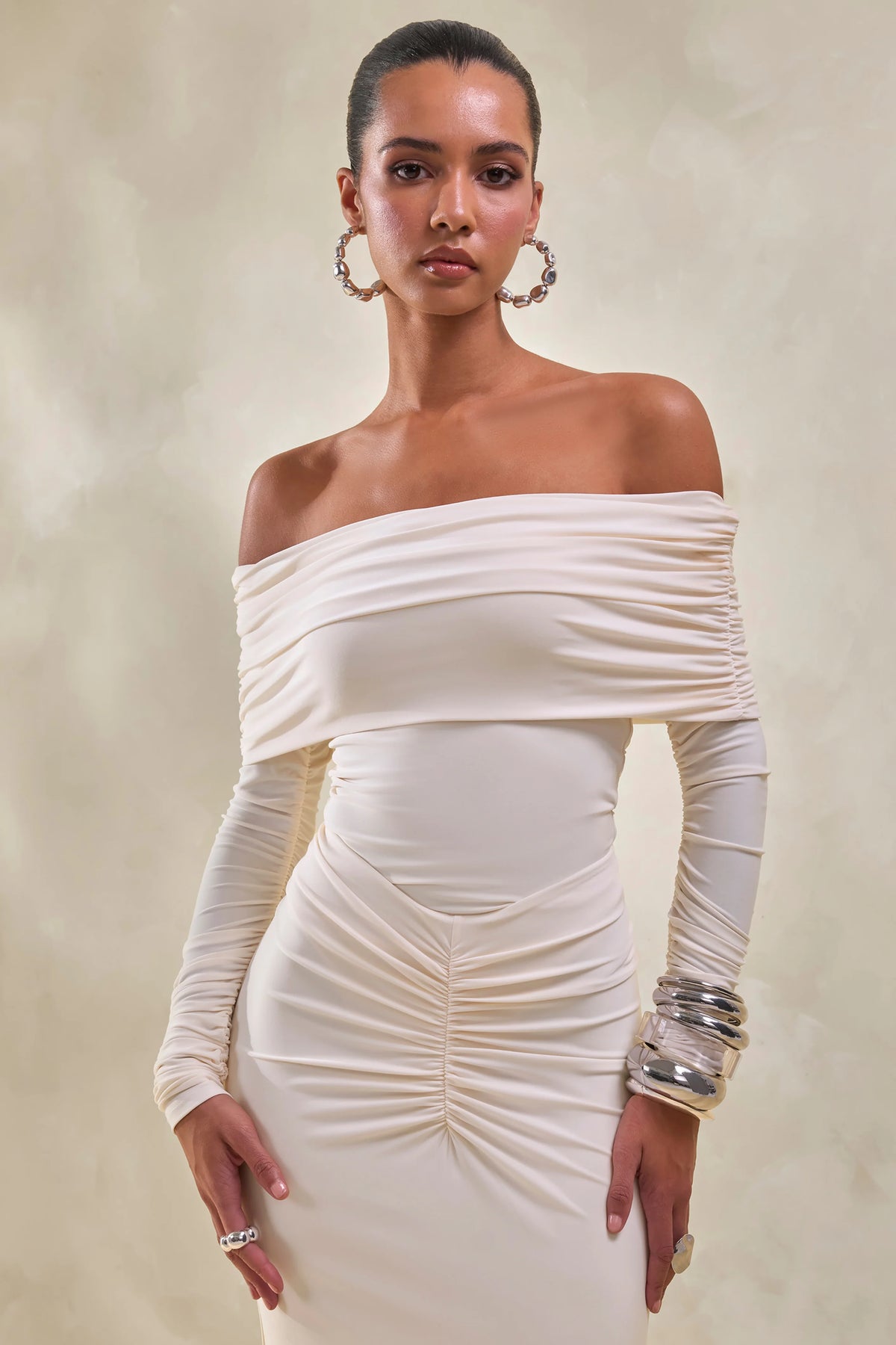 Drina | Cream Bardot Neck Thong Bodysuit With Ruched Long Sleeves