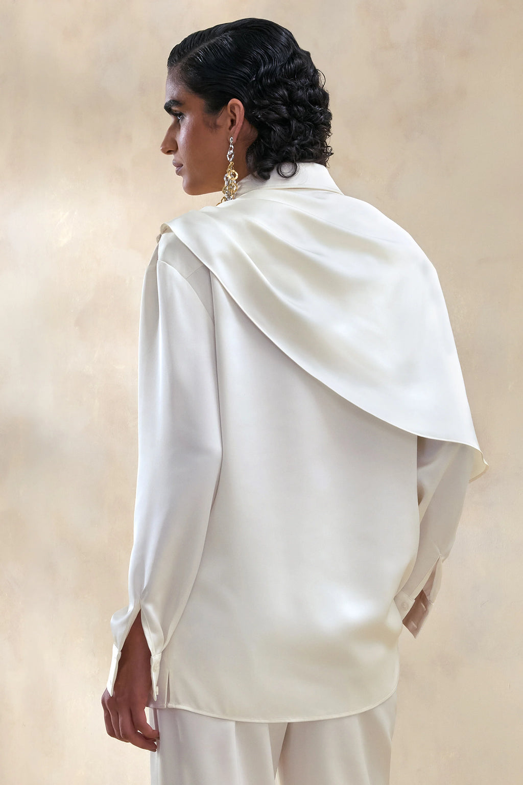 Serenza | Cream Satin Collared-Shirt With Cape-Detail
