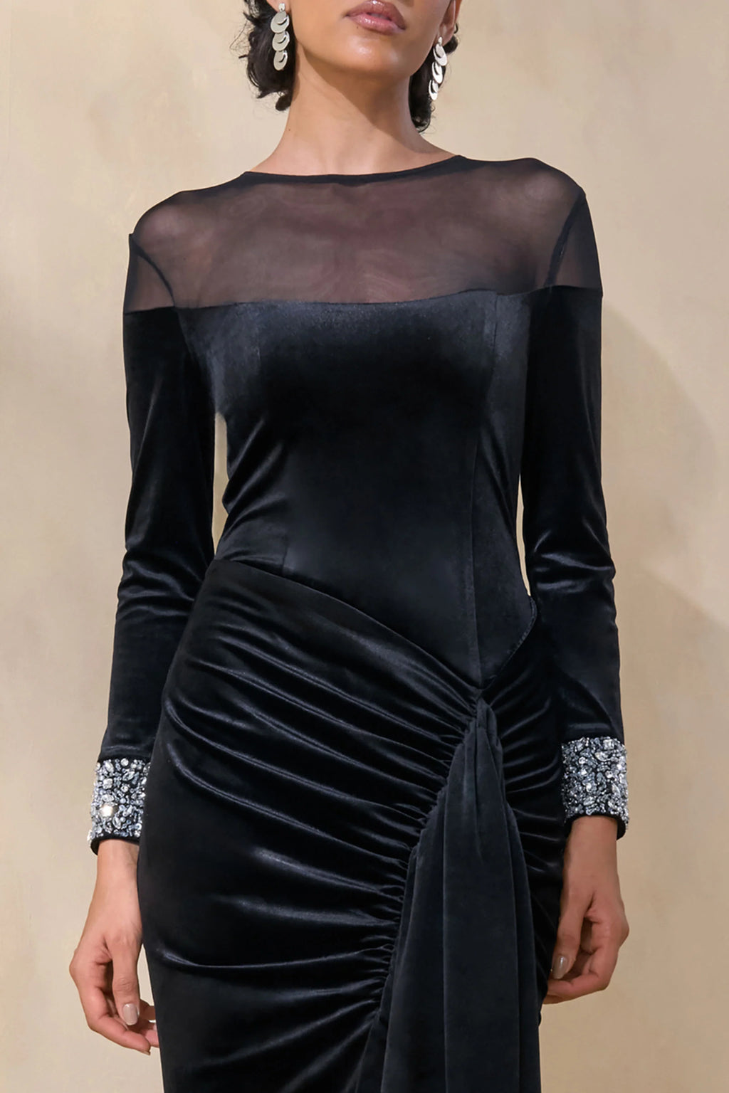 Perrin | Black Velvet Crew-Neck Maxi Dress With Embellished Cuffs