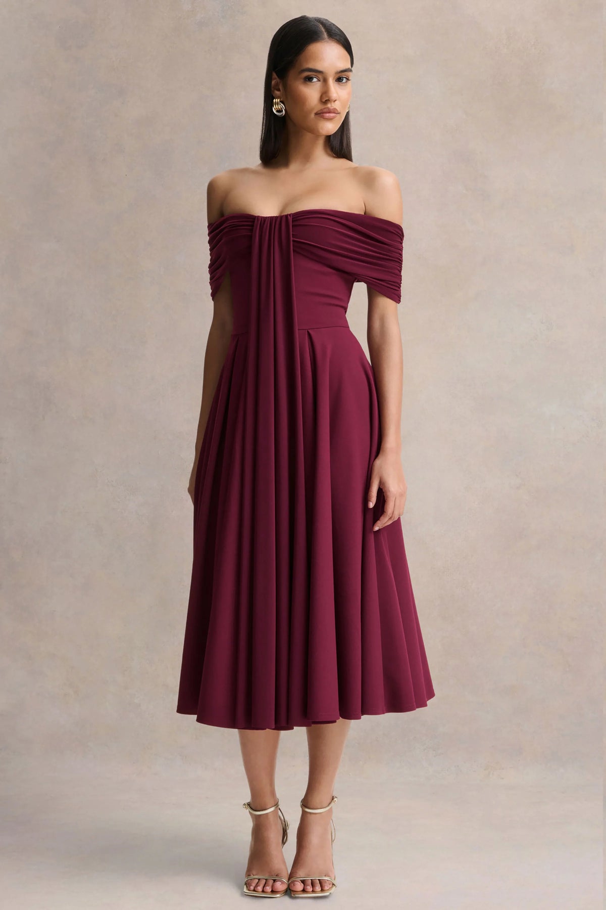 Dearest | Burgundy Bardot-Neck Midi Dress