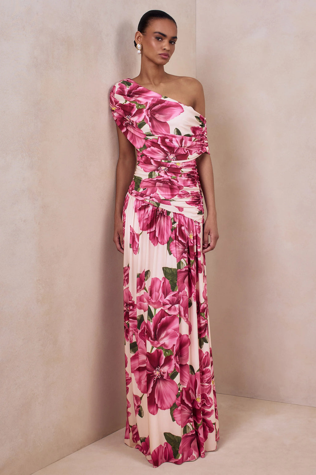 Emberly | Pink Hibiscus Floral Print Asymmetric Neck Maxi Dress With Drop Waist