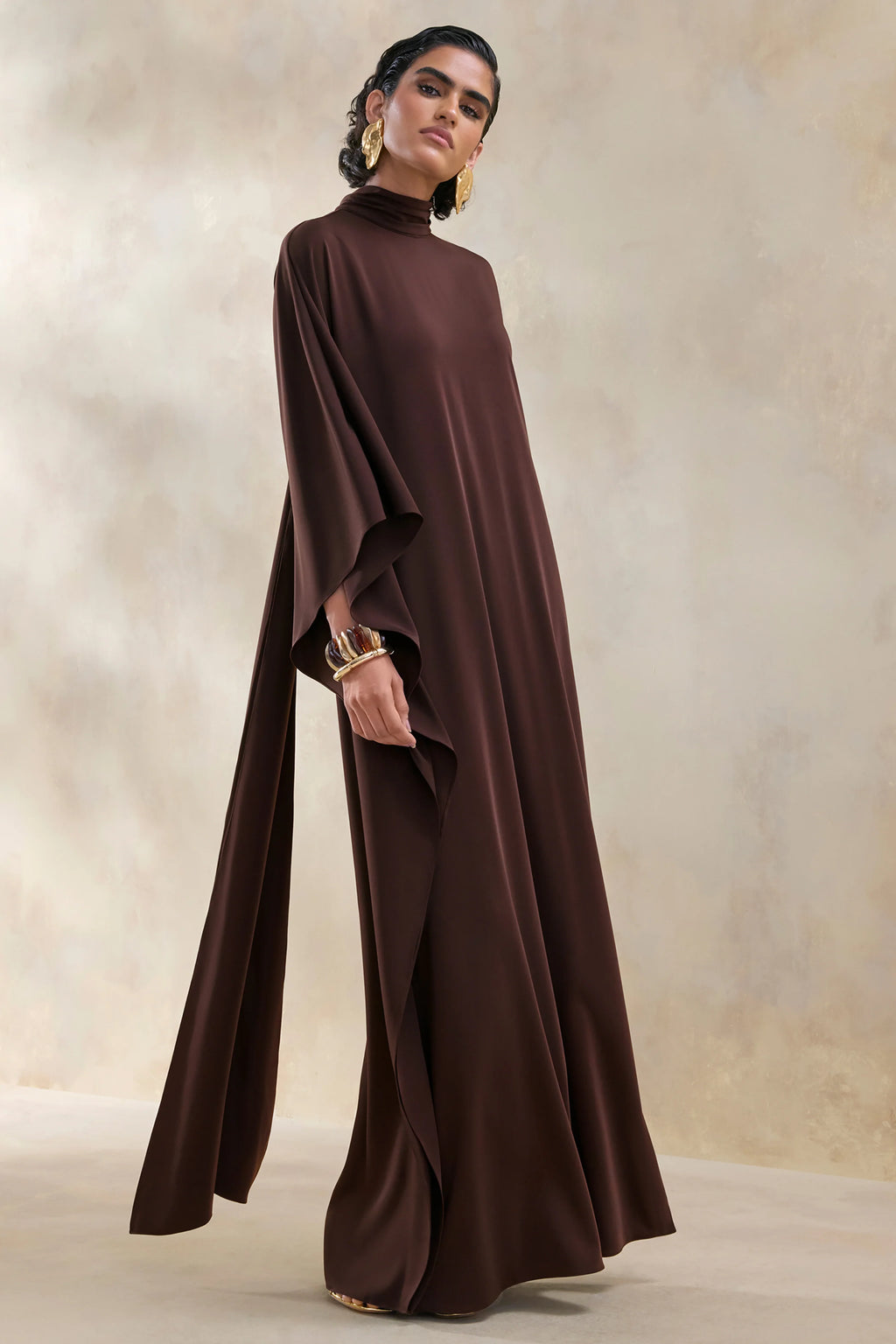 Lumisette | Brown Satin High-Neck Maxi Dress With Cape