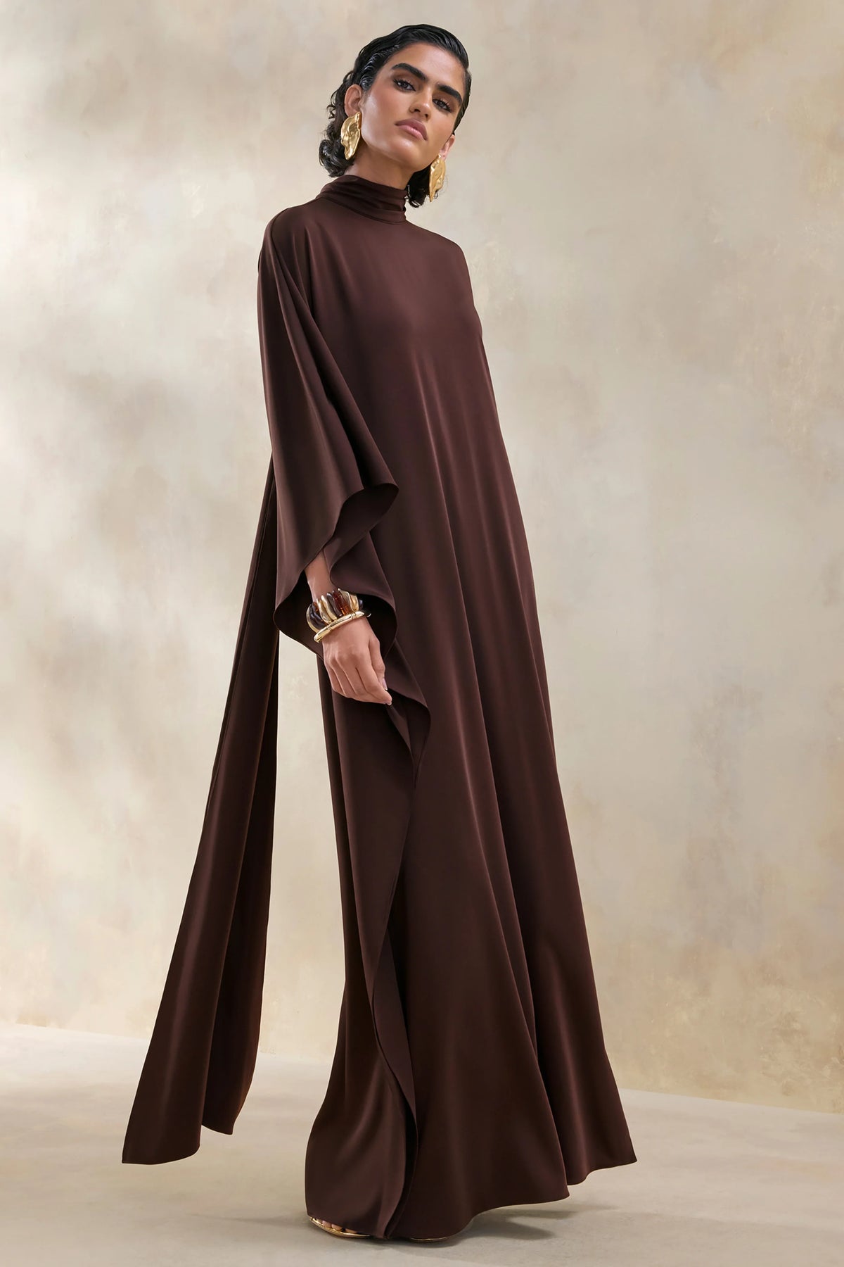 Lumisette | Brown Satin High-Neck Maxi Dress With Cape