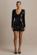 Ritz | Black Sequin Plunge-Neck Mini Dress With Long Sleeves