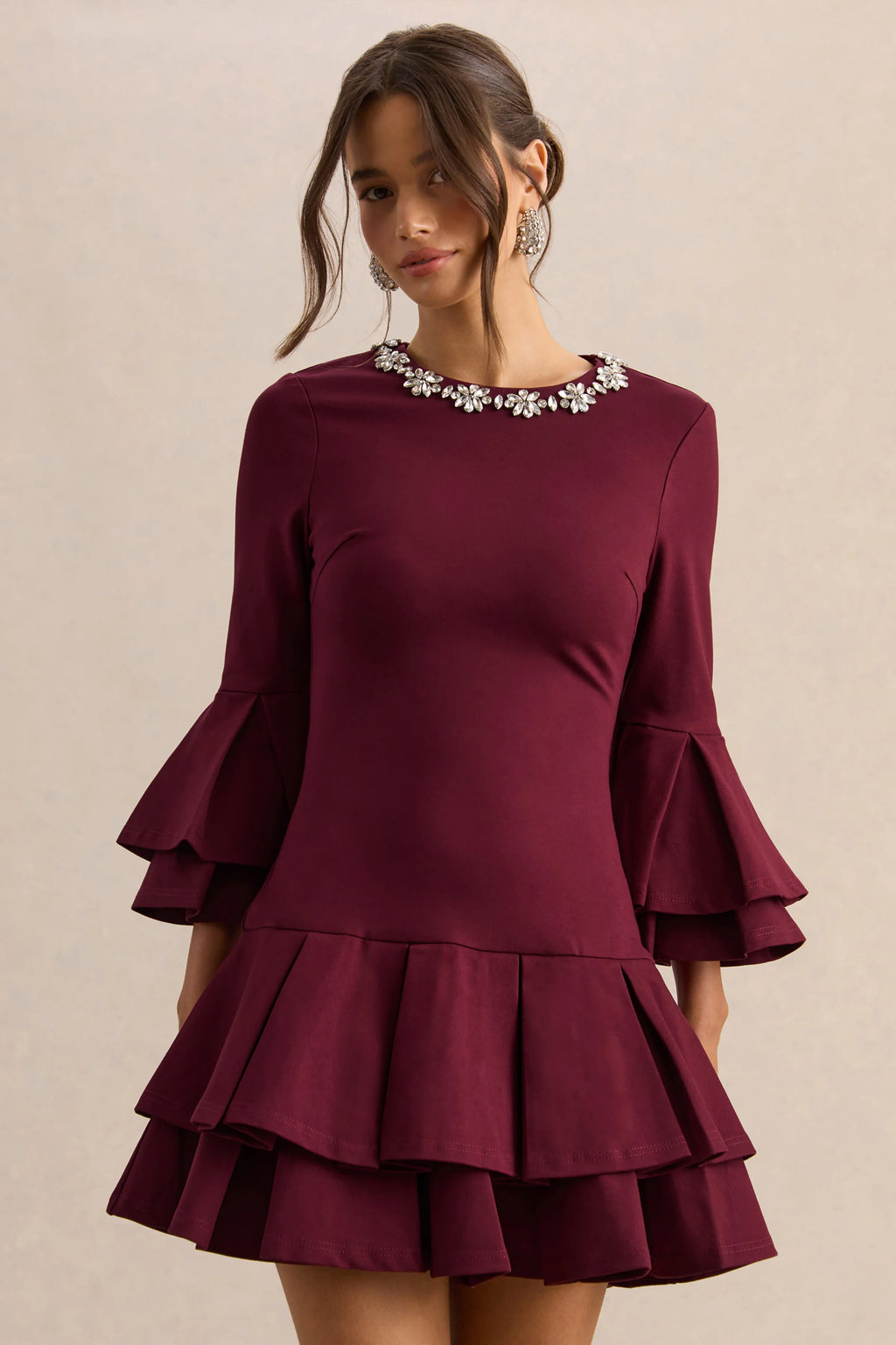 Mirna | Burgundy Crew-Neck Mini Dress With Bell Sleeves And Ruffled Detailing