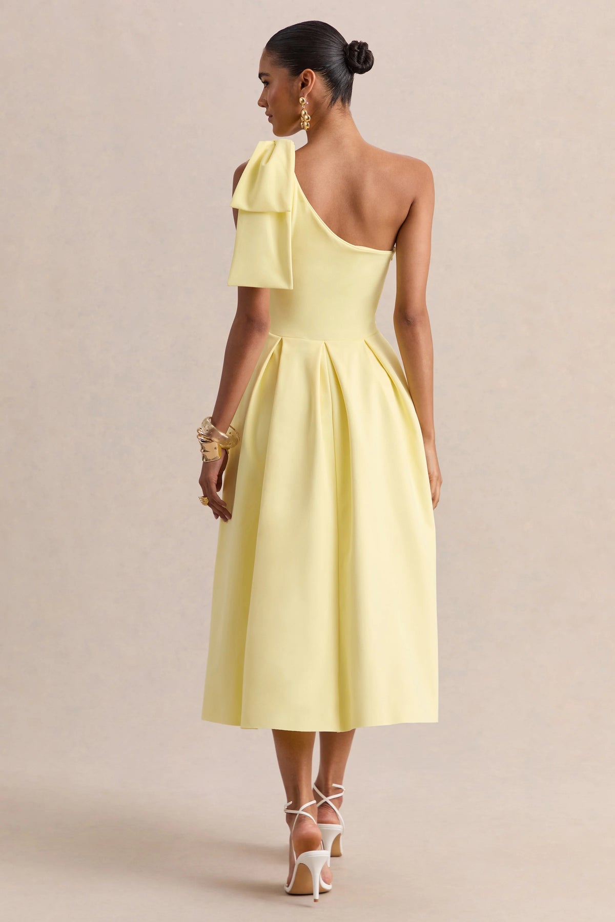Meria | Lemon Asymmetric-Neck Midi Dress With Bow-Sleeve