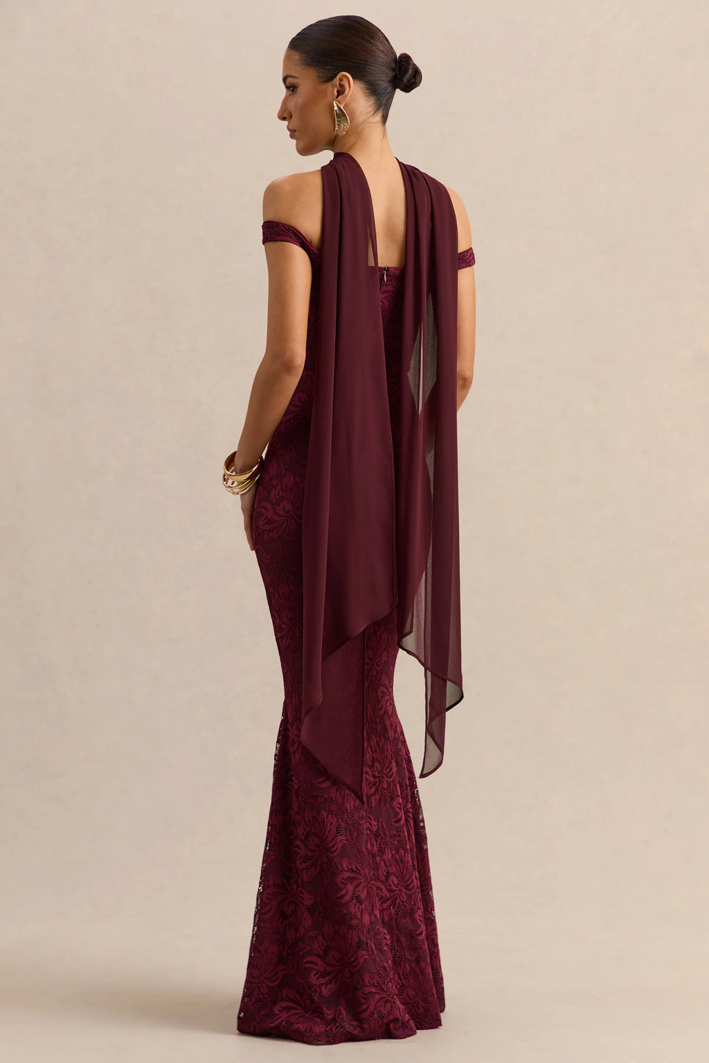 Iselle | Burgundy Lace Bardot-Neck Maxi Dress With Scarf-Detail