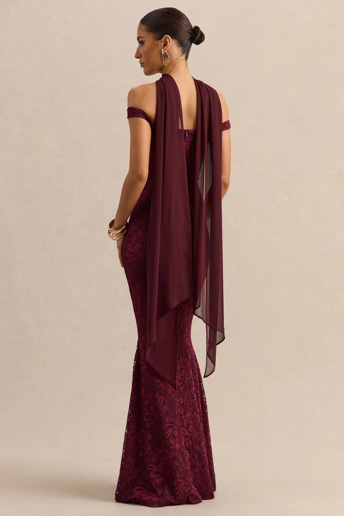 Iselle | Burgundy Lace Bardot-Neck Maxi Dress With Scarf-Detail