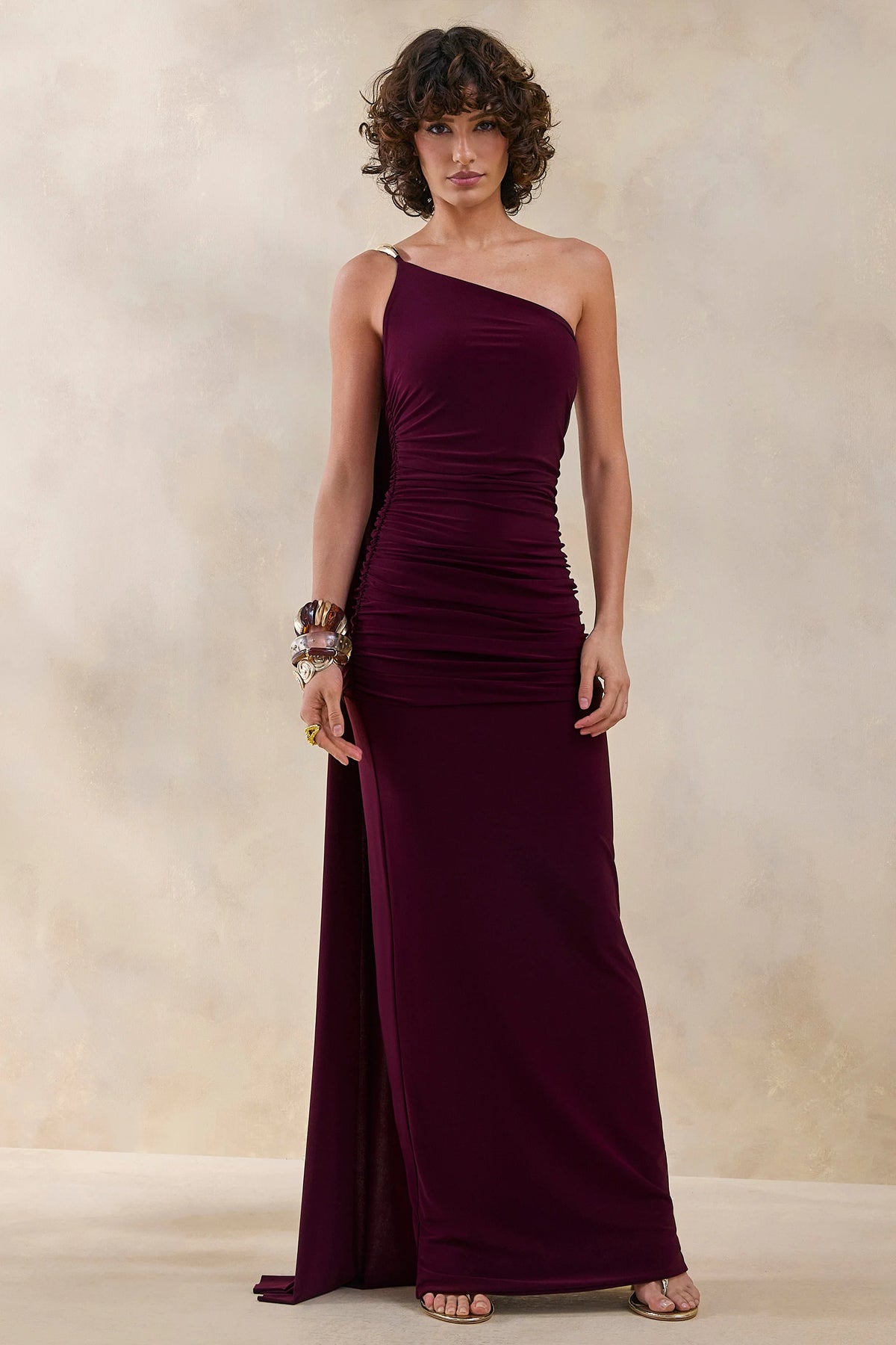 Bettine | Burgundy Asymmetric-Neck Maxi Dress With Cape-Sleeve