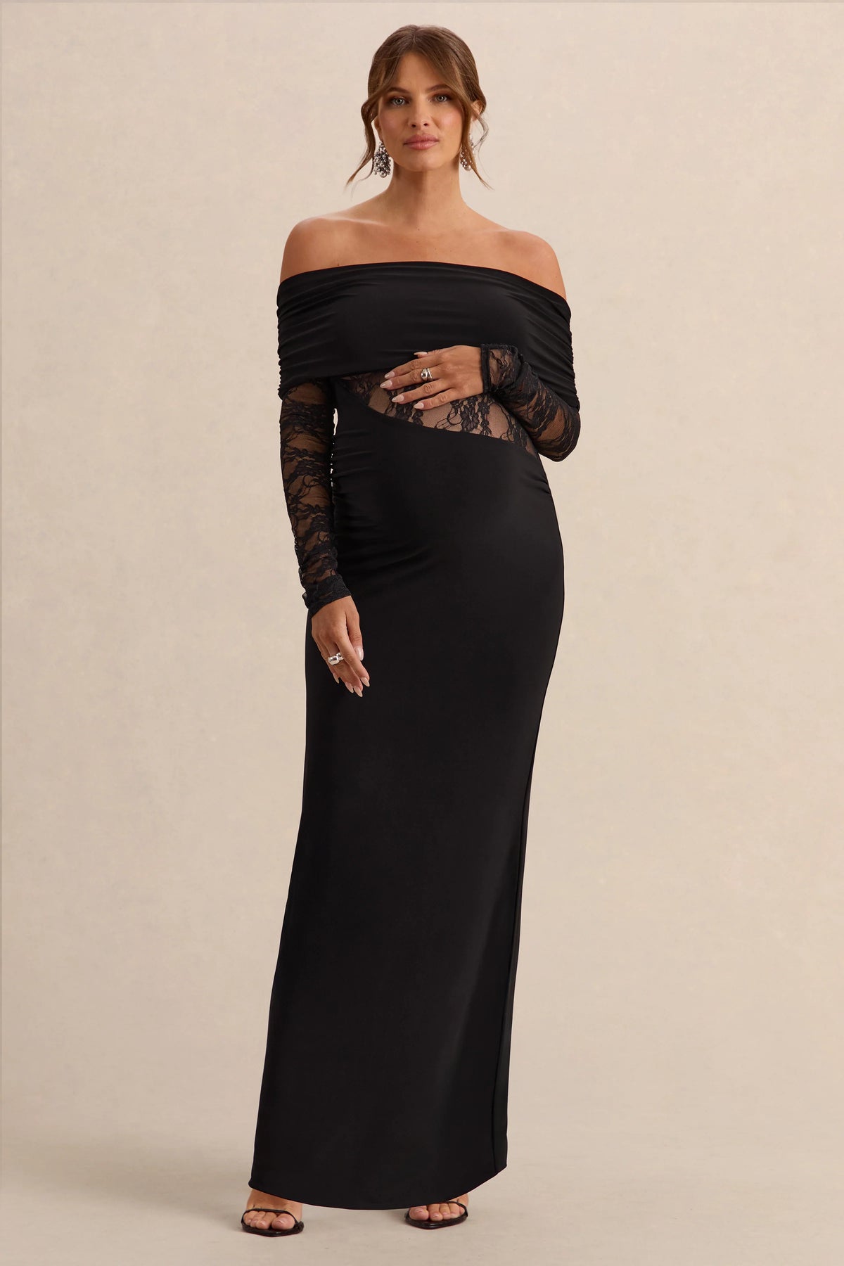 Artemisia | Black Bardot-Neck Maternity Maxi Dress With Lace Detailing