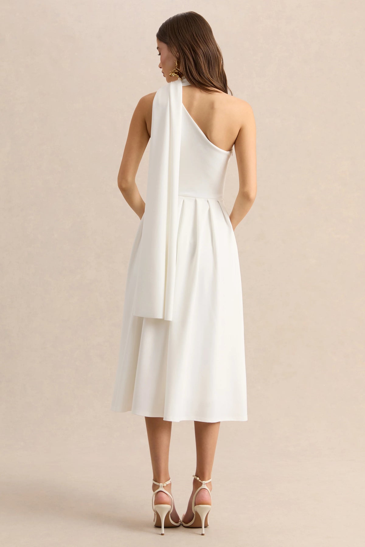 Odette | White Asymmetric-Neck Midi Dress With Scarf