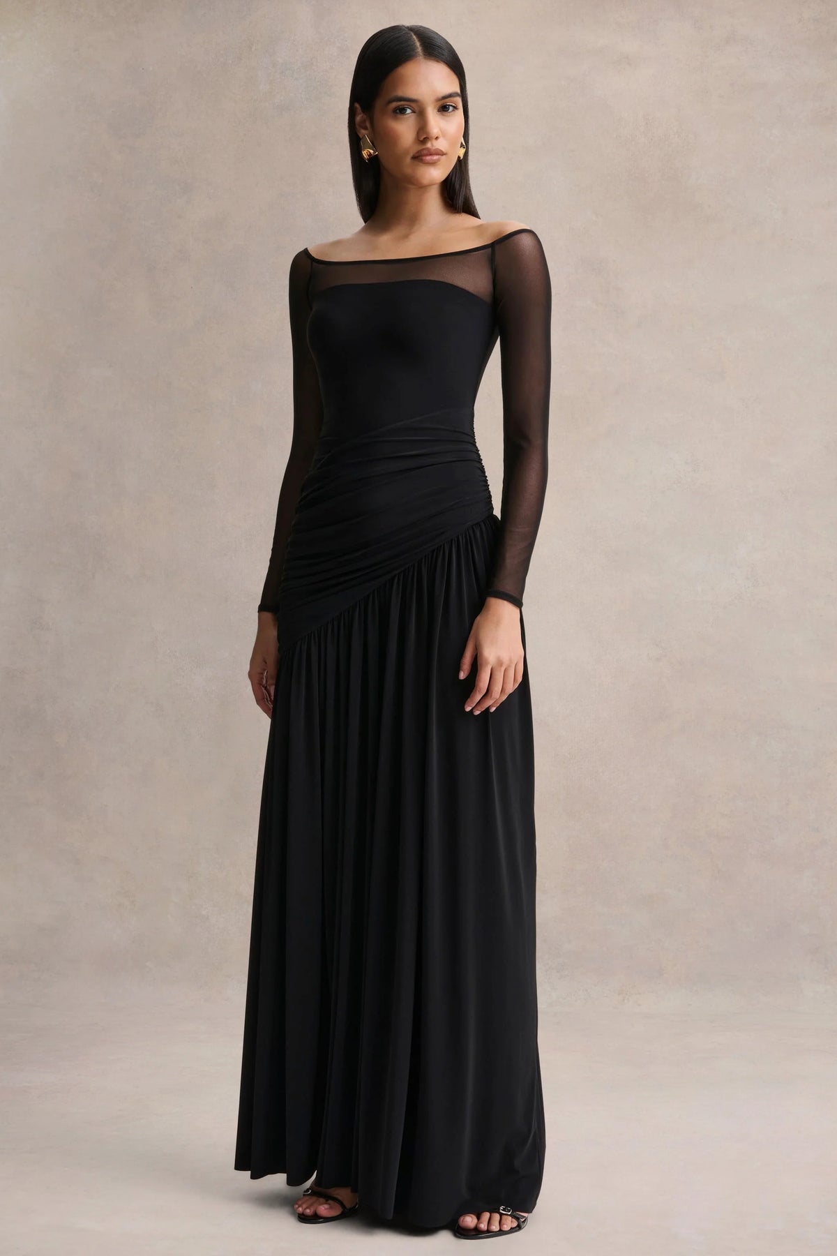 Bexley | Black Bardot-Neck Draped Maxi Dress With Long Mesh-Sleeves