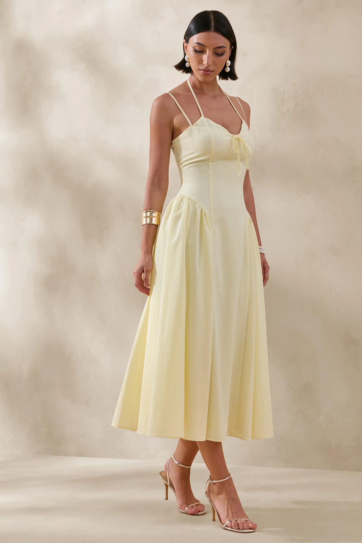 Audrey | Lemon Sweetheart-Neck Midi Dress With Ruching Detail