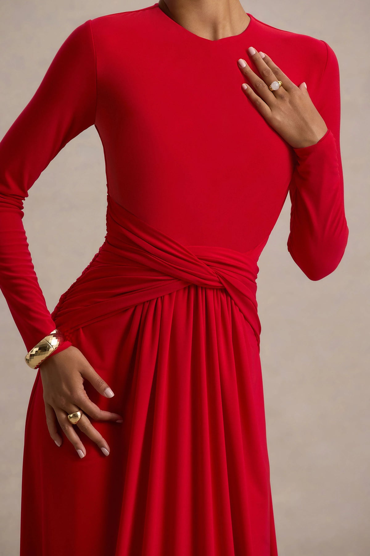 Estrella | Red High-Neck Maxi Dress With Ruched Detailing