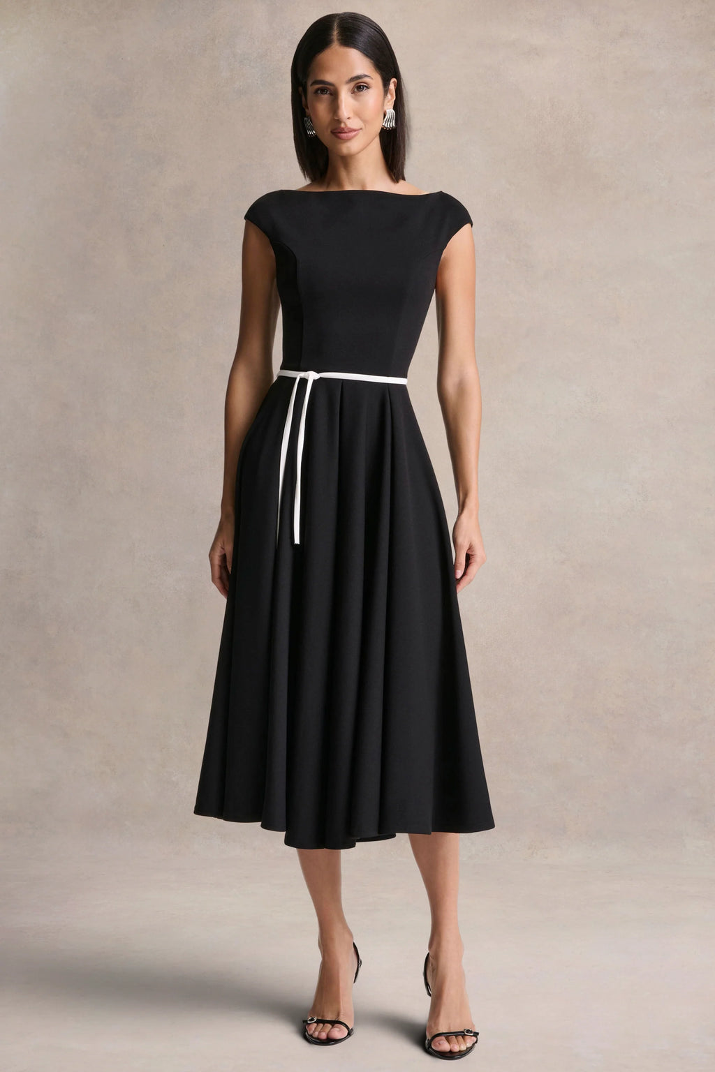 Nataline | Black Round-Neck Midi Dress With White Belt-Detail