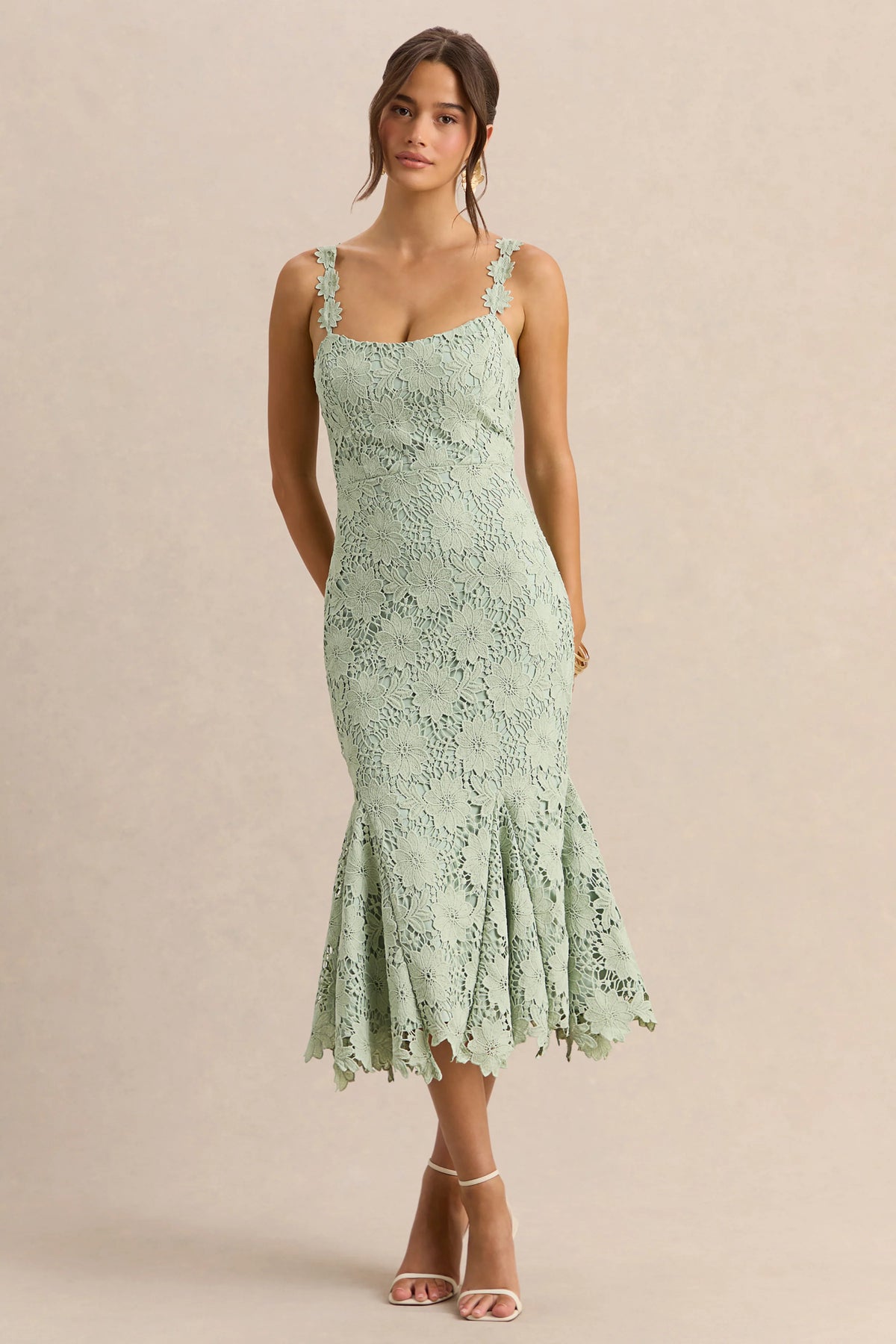 Melia | Sage Lace Scoop-Neck Midi Dress