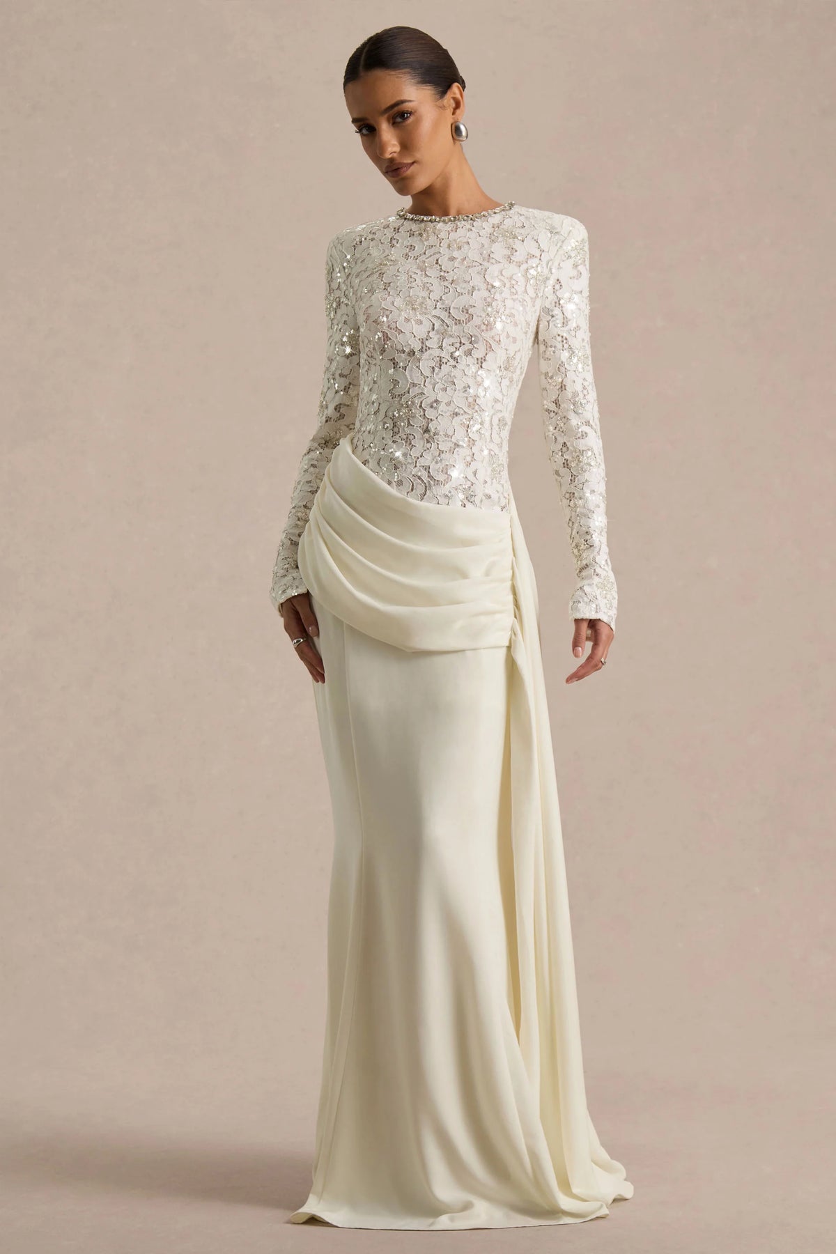 Beau | Ecru Lace Embellished Crew-Neck Maxi Dress With Draped Detail