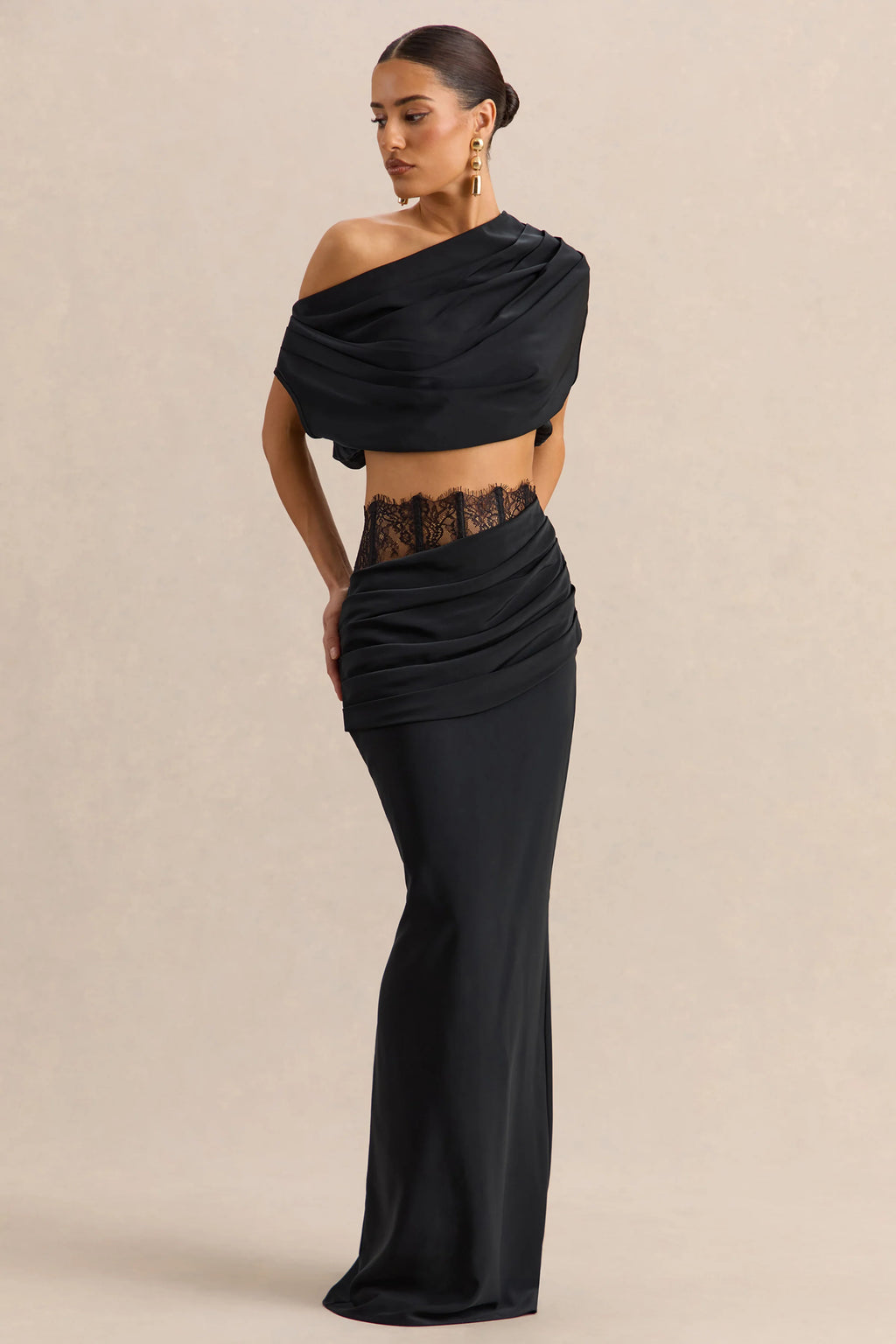 Silora | Black Satin Maxi Skirt With Lace-Detail