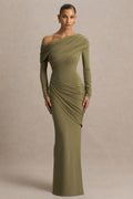 Perrie | Olive Asymmetric-Neck Maxi Dress With Ruched Detailing